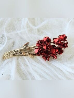 Gold-Tone Floral Branch Brooch with Red Blossoms